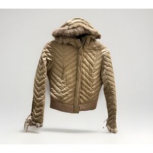 VTG Y2K BEBE Down Puffer Quilted Jacket Womens M Rabbit Fur Hood Lace Up Corset